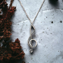 Load image into Gallery viewer, Silverplate fork tine treble clef pendant necklace
